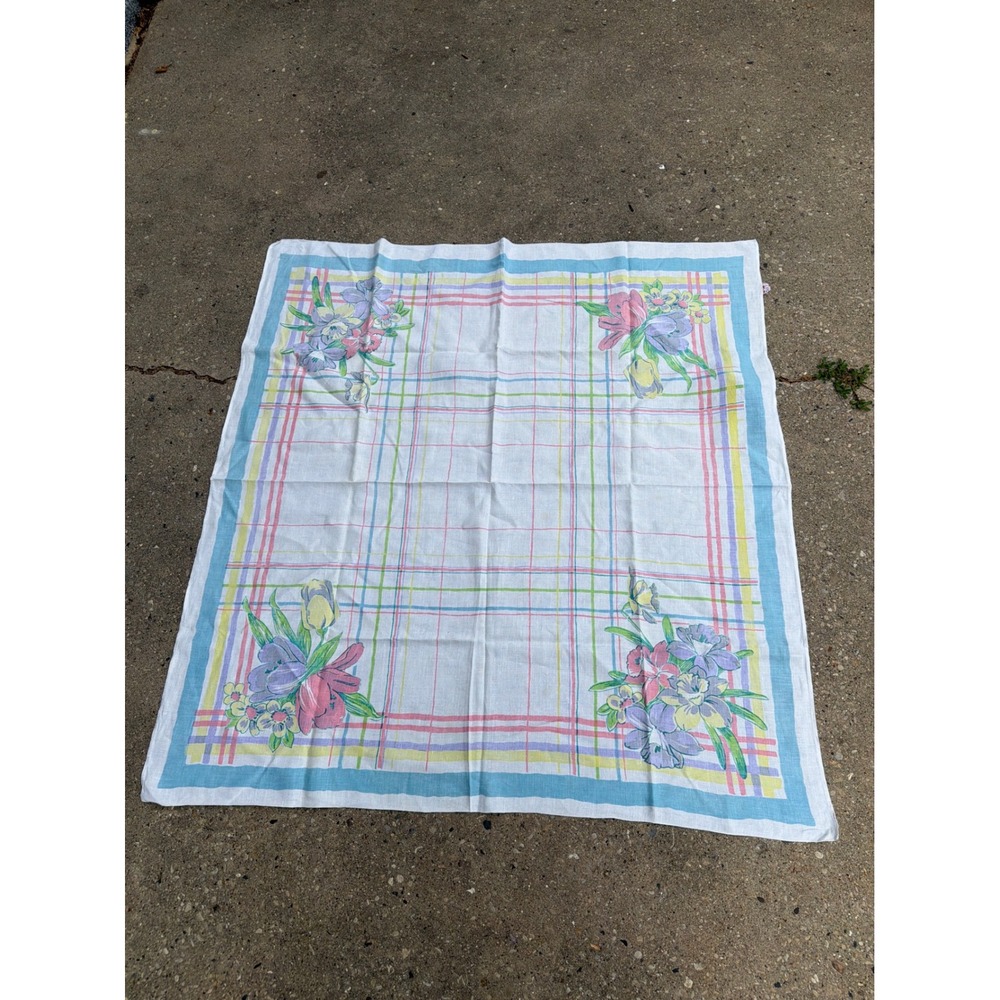 Vintage Pride of Flanders Linen Tablecloth Pastel Plaid Floral Spring 52 x 52